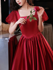 A-Line Square Neck Floor-Length Red Satin Prom Dress with Flutter Sleeves