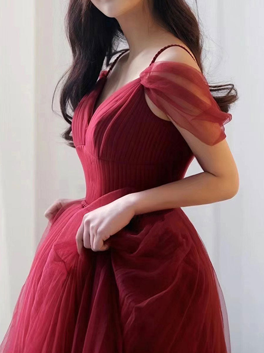 Burgundy A-Line Sweetheart Floor-Length Tulle Prom Dress with Soft Pleated Skirt