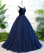 Ball Gown Boat Neck Floor-Length Tulle Prom Dress with Beaded Waist Detail