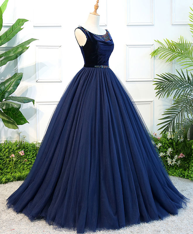 Ball Gown Boat Neck Floor-Length Tulle Prom Dress with Beaded Waist Detail
