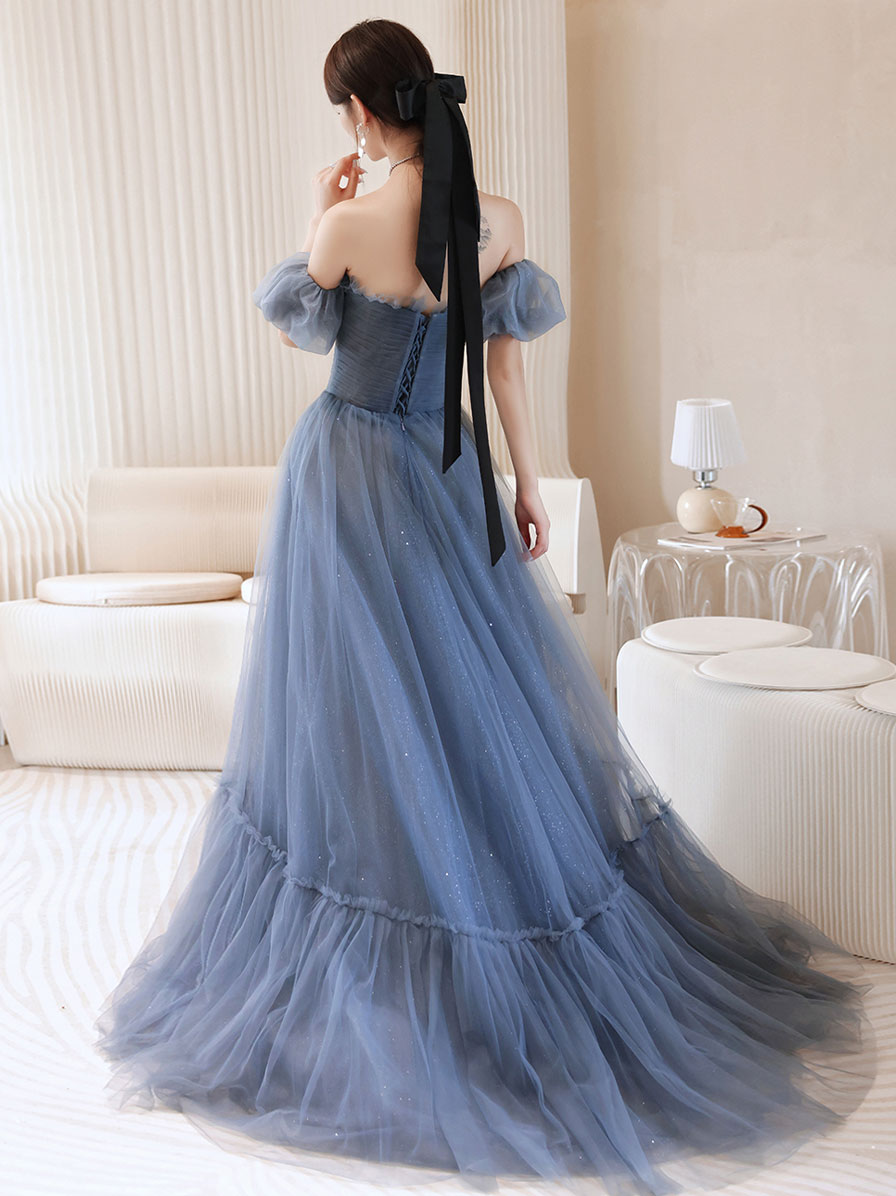 A-Line Sweetheart Neck Floor-Length Dusty Blue Tulle Prom Dress with Puff Sleeves