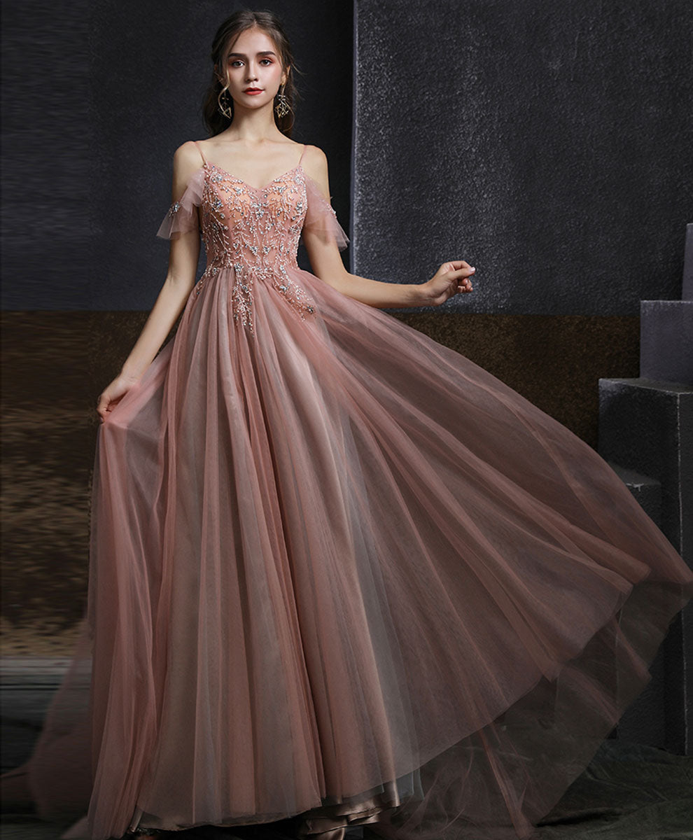 A-Line V-Neck Floor-Length Blush Tulle Beaded Prom Dress