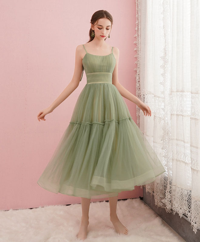 A-Line Scoop Neck Knee-Length Tulle Prom Dress in Sage Green with Tiered Skirt