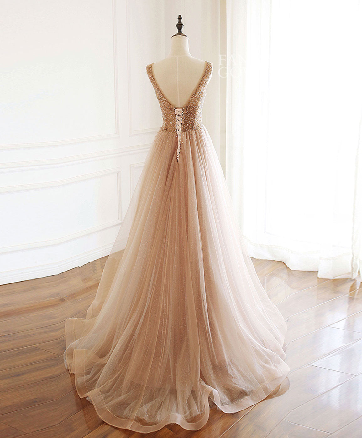 A-line V Neck Floor-Length Tulle & Lace Beaded Prom Dress