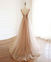 A-line V Neck Floor-Length Tulle & Lace Beaded Prom Dress