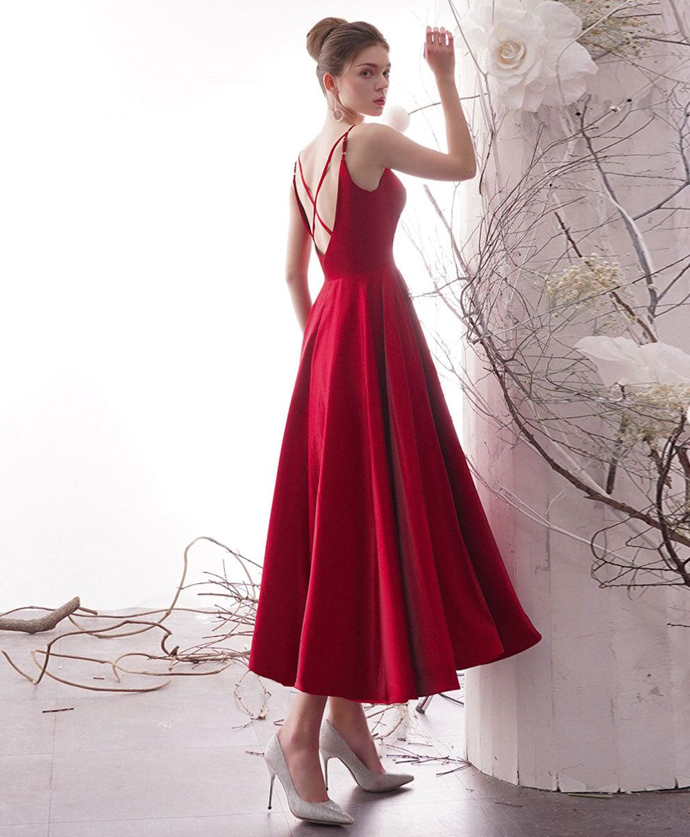 A-Line Red Square Neck Tea-Length Satin Prom Dress with Clean Pleated Skirt