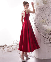 A-Line Red Square Neck Tea-Length Satin Prom Dress with Clean Pleated Skirt