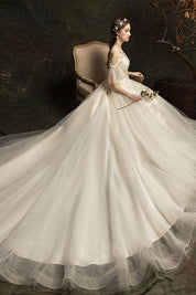 A-Line Illusion Off-the-Shoulder Floor-Length Tulle Lace Wedding Dress with Floral Appliqué