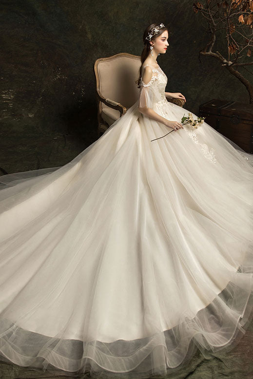 A-Line Illusion Off-the-Shoulder Floor-Length Tulle Lace Wedding Dress with Floral Appliqué