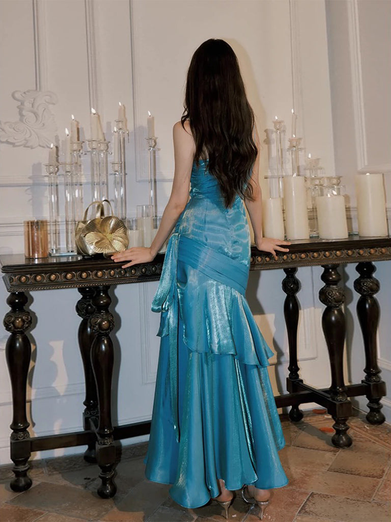 Teal Trumpet/Mermaid Sweetheart Floor-Length Satin Prom Dress with Draped Asymmetrical Skirt