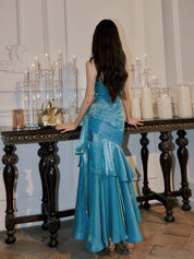 Teal Trumpet/Mermaid Sweetheart Floor-Length Satin Prom Dress with Draped Asymmetrical Skirt