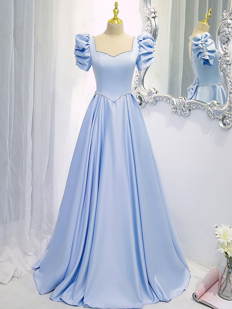 A-Line Square Neck Floor-Length Light Blue Satin Prom Dress with Puff Sleeves and Beaded Waist