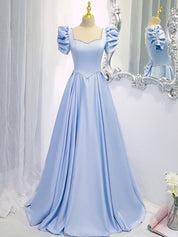 A-Line Square Neck Floor-Length Light Blue Satin Prom Dress with Puff Sleeves and Beaded Waist