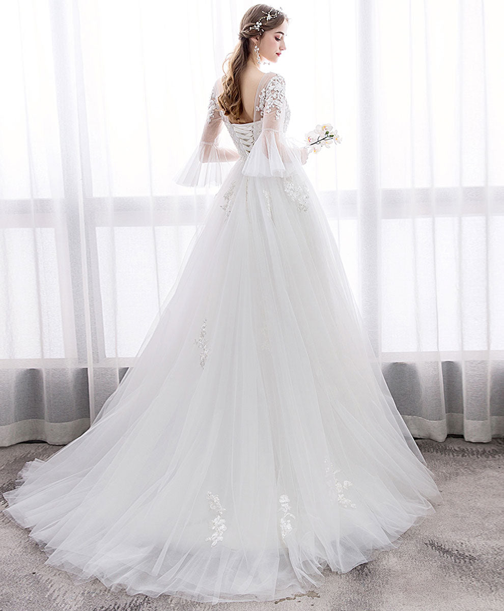 A-Line V-Neck Floor-Length White Tulle Lace Wedding Dress