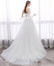 A-Line V-Neck Floor-Length White Tulle Lace Wedding Dress