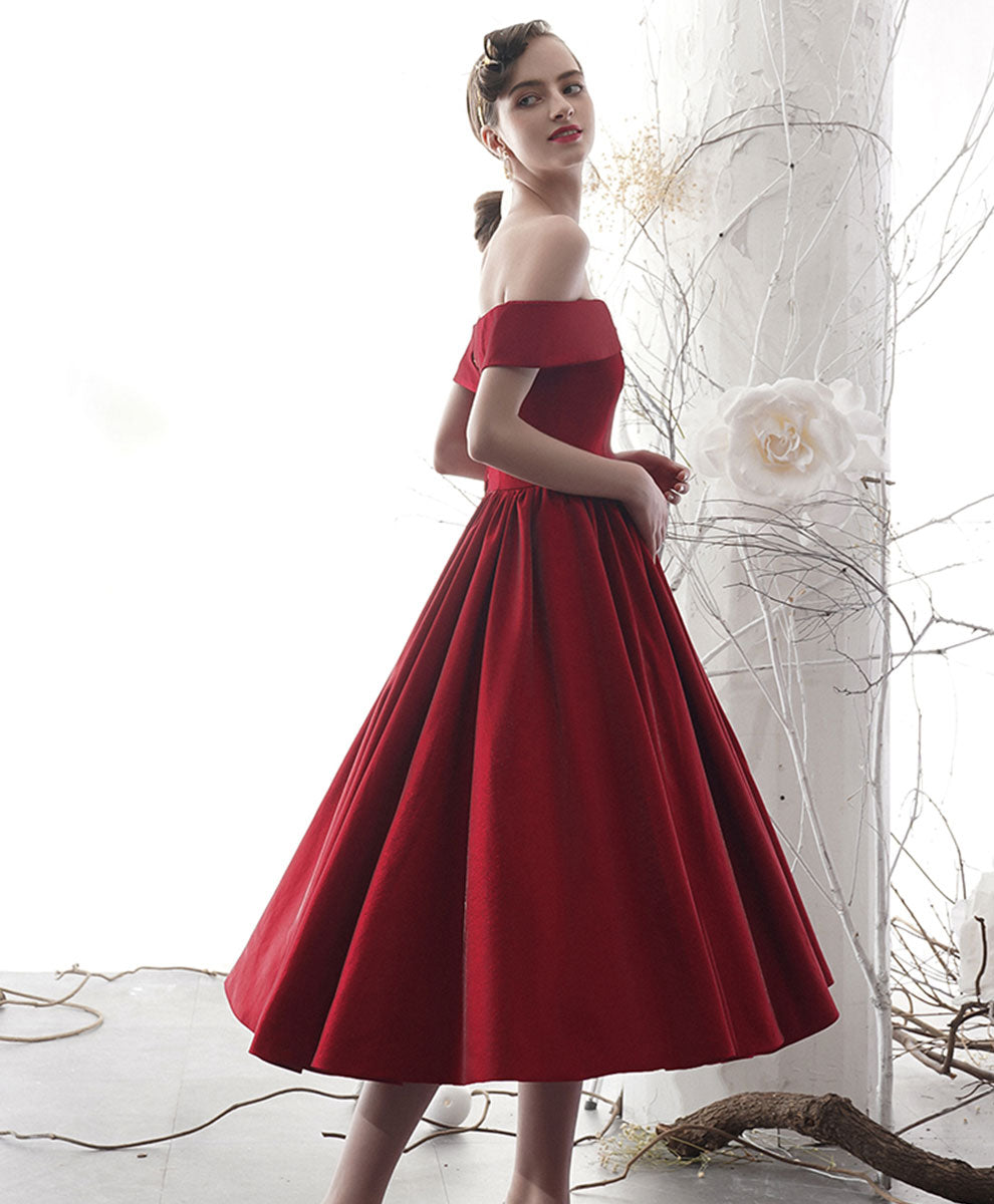 A-Line Off-the-Shoulder Tea-Length Red Satin Homecoming Dress with Pleated Skirt