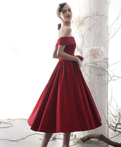 A-Line Off-the-Shoulder Tea-Length Red Satin Homecoming Dress with Pleated Skirt