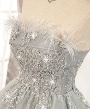 A-Line Straight Neck Short Silver Tulle Lace Homecoming Dress with Feather Trim and Sequin Sparkle