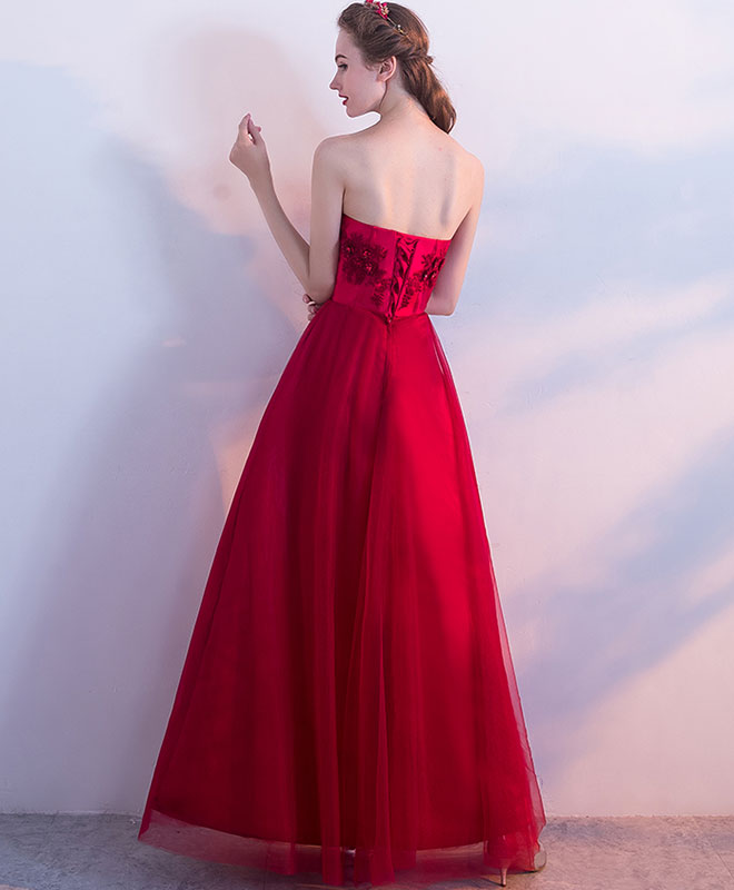 A-line Strapless Floor-Length Tulle Prom Dress with Lace Appliqué