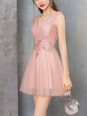 A-Line V-Neck Knee-Length Blush Tulle Homecoming Dress with Beaded Lace Bodice