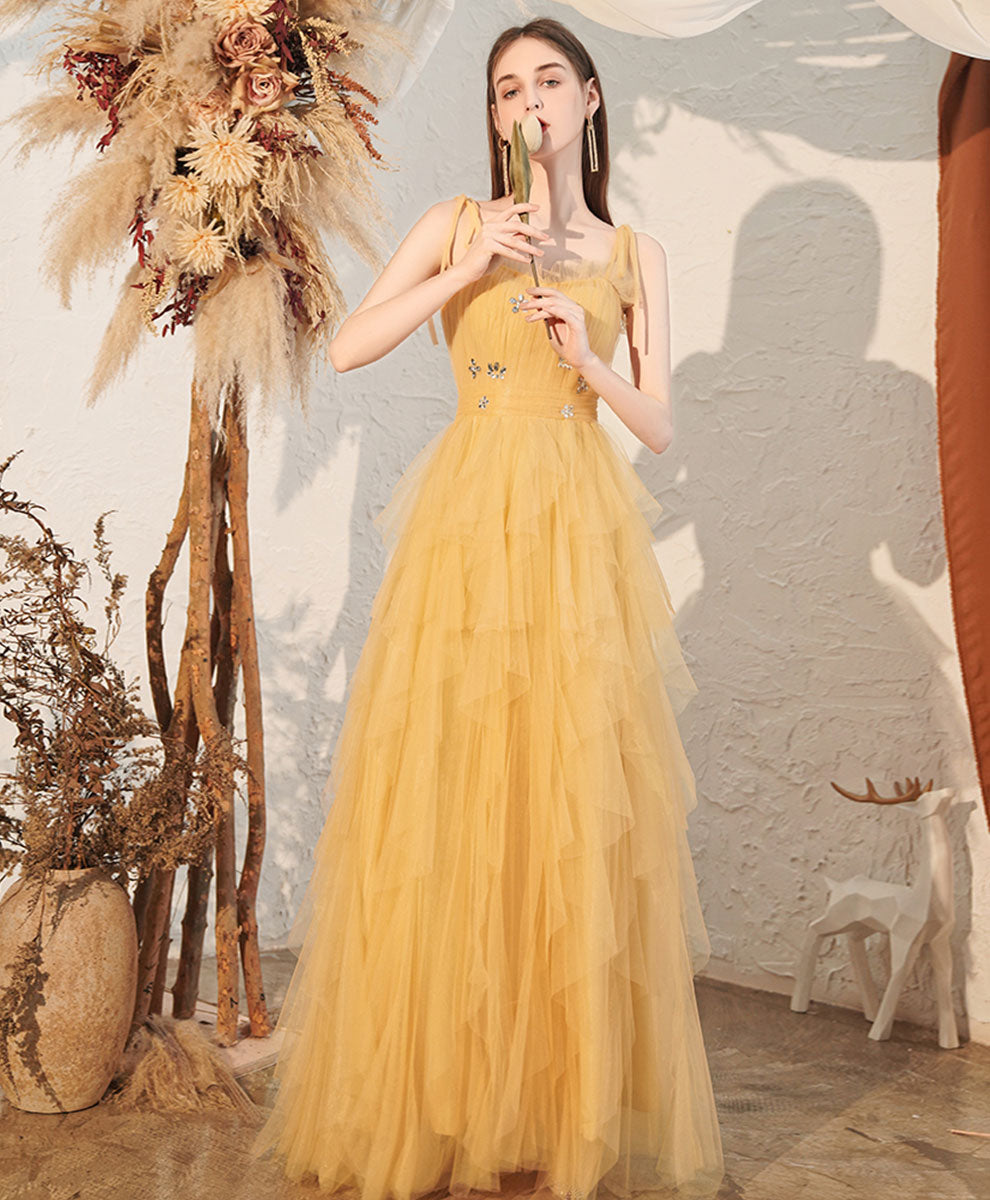 A-Line Yellow V Neck Floor-Length Tulle Prom Dress with Tiered Ruffle Skirt