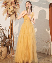 A-Line Yellow V Neck Floor-Length Tulle Prom Dress with Tiered Ruffle Skirt