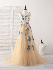 A-Line Scoop Neck Floor-Length Tulle Lace Floral Appliqué Prom Dress
