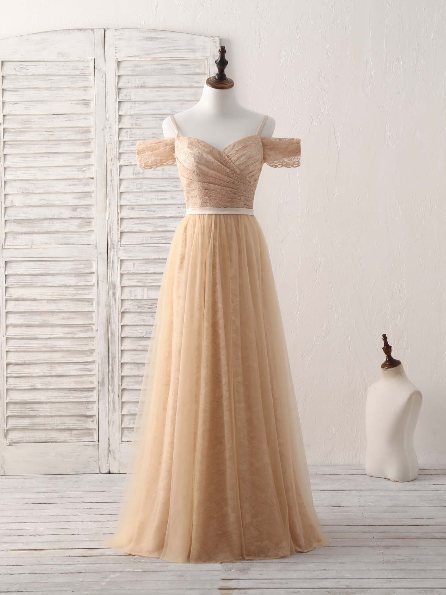 A-Line Off-the-Shoulder Floor-Length Tulle and Lace Prom Dress