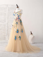 A-Line Scoop Neck Floor-Length Tulle Lace Floral Appliqué Prom Dress