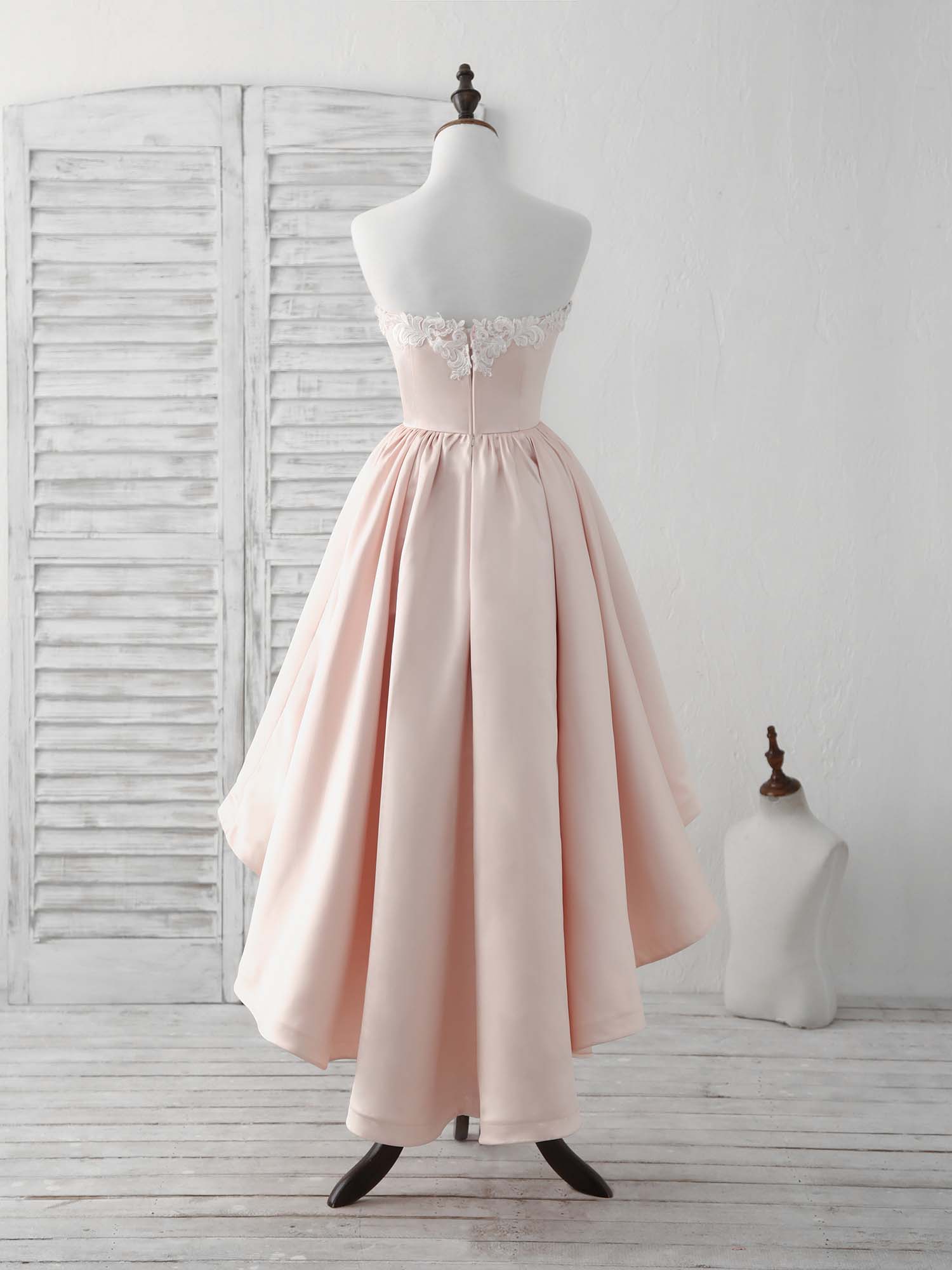 A-line Sweetheart Neck High-Low Satin & Lace Homecoming Dress with Lace Appliqué