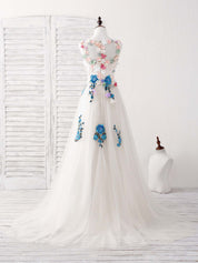 A-Line Scoop Neck Floor-Length Tulle Lace Floral Appliqué Prom Dress