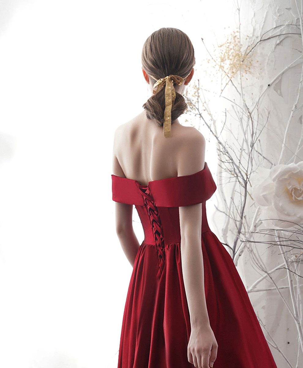 A-Line Off-the-Shoulder Tea-Length Red Satin Homecoming Dress with Pleated Skirt