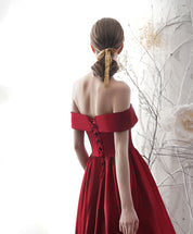 A-Line Off-the-Shoulder Tea-Length Red Satin Homecoming Dress with Pleated Skirt
