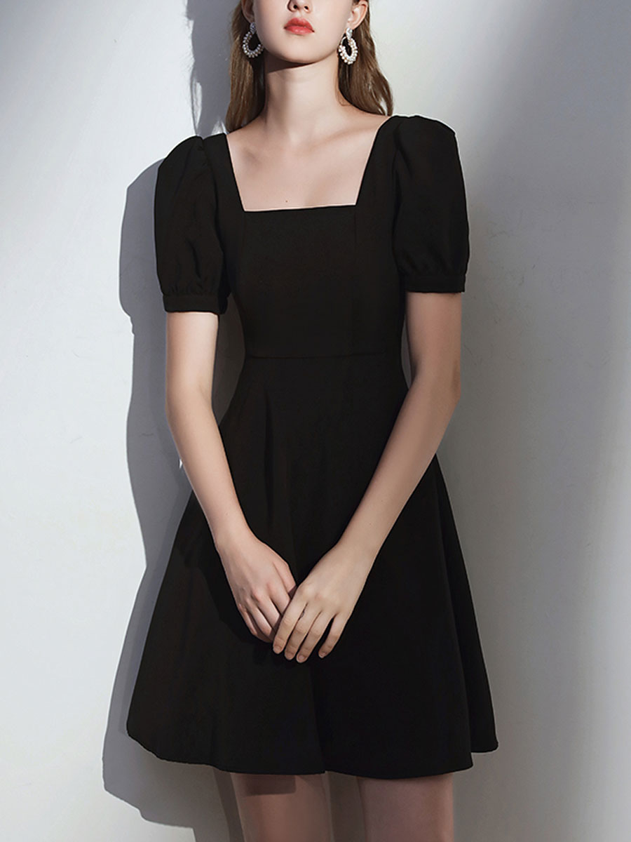A-Line Square Neck Knee-Length Black Chiffon Homecoming Dress with Puff Sleeves