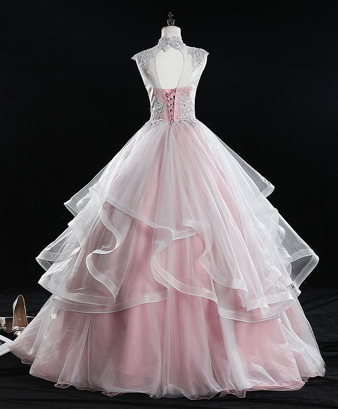 A-Line Blush Pink Illusion Neck Floor-Length Tulle Lace Prom Dress with Tiered Ruffle Skirt