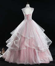 A-Line Blush Pink Illusion Neck Floor-Length Tulle Lace Prom Dress with Tiered Ruffle Skirt