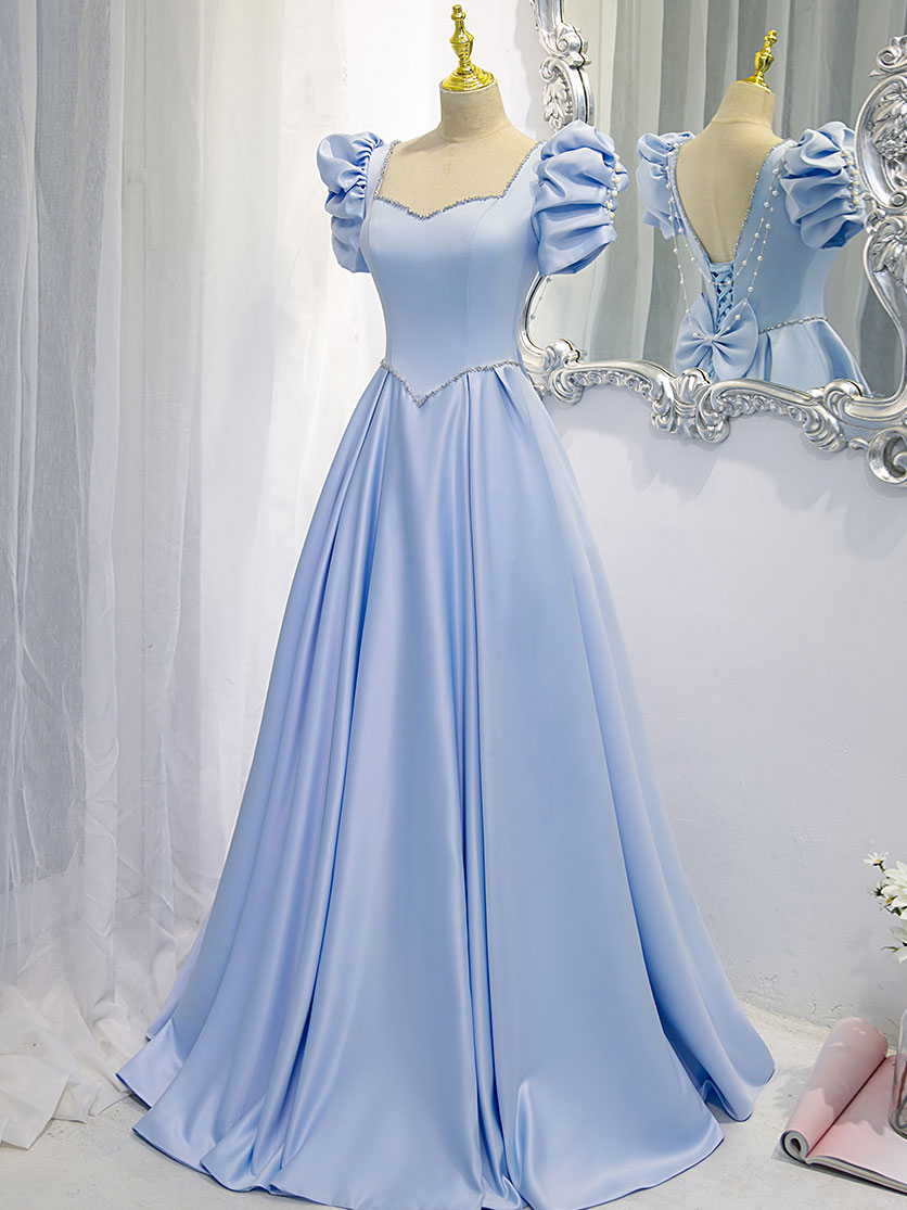 A-Line Square Neck Floor-Length Light Blue Satin Prom Dress with Puff Sleeves and Beaded Waist