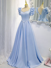 A-Line Square Neck Floor-Length Light Blue Satin Prom Dress with Puff Sleeves and Beaded Waist