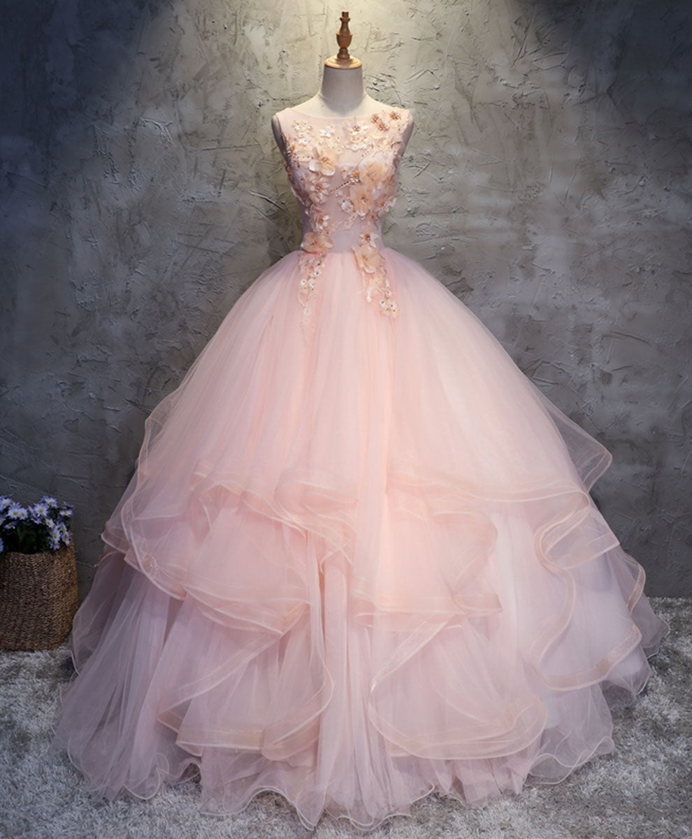 Ball Gown Scoop Neck Floor-Length Blush Tulle Prom Dress with 3D Floral Lace Appliqué