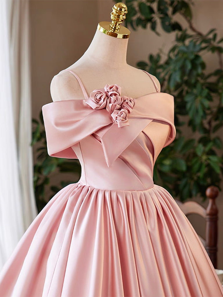 A-line Off Shoulder Satin Pink Short Prom Dress, Pink Homecoming dress