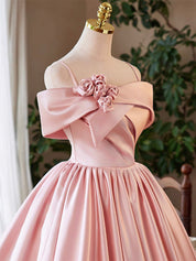 A-line Off Shoulder Satin Pink Short Prom Dress, Pink Homecoming dress