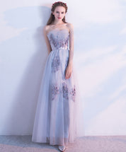 A-Line Sweetheart Strapless Floor-Length Light Blue Tulle Lace Appliqué Prom Dress