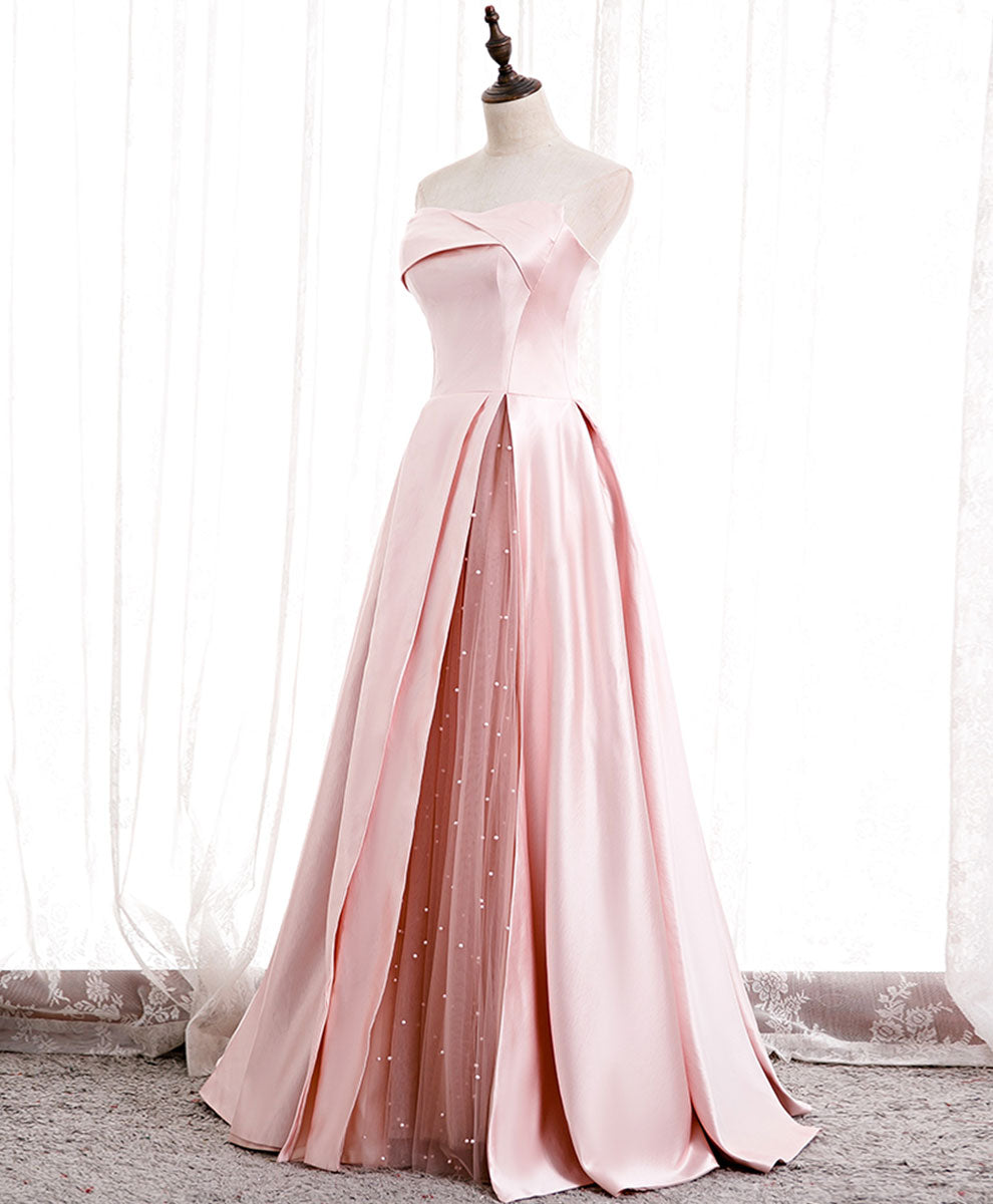 A-Line Strapless Floor-Length Blush Satin Prom Dress with Pleated Overlay and Pearl Tulle Slit