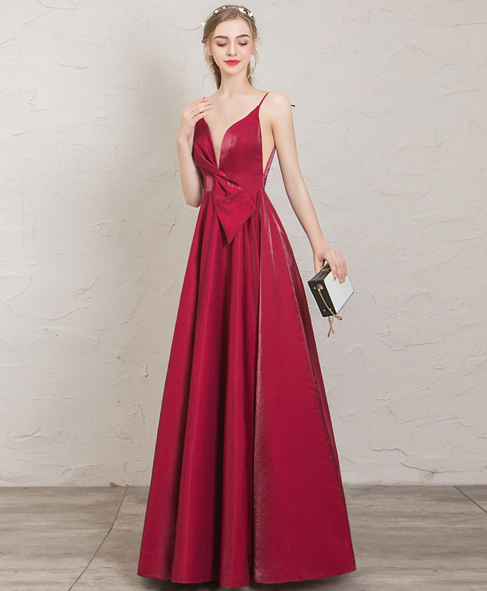 A-Line Burgundy V-Neck Floor-Length Satin Prom Dress with Draped Waist Detail