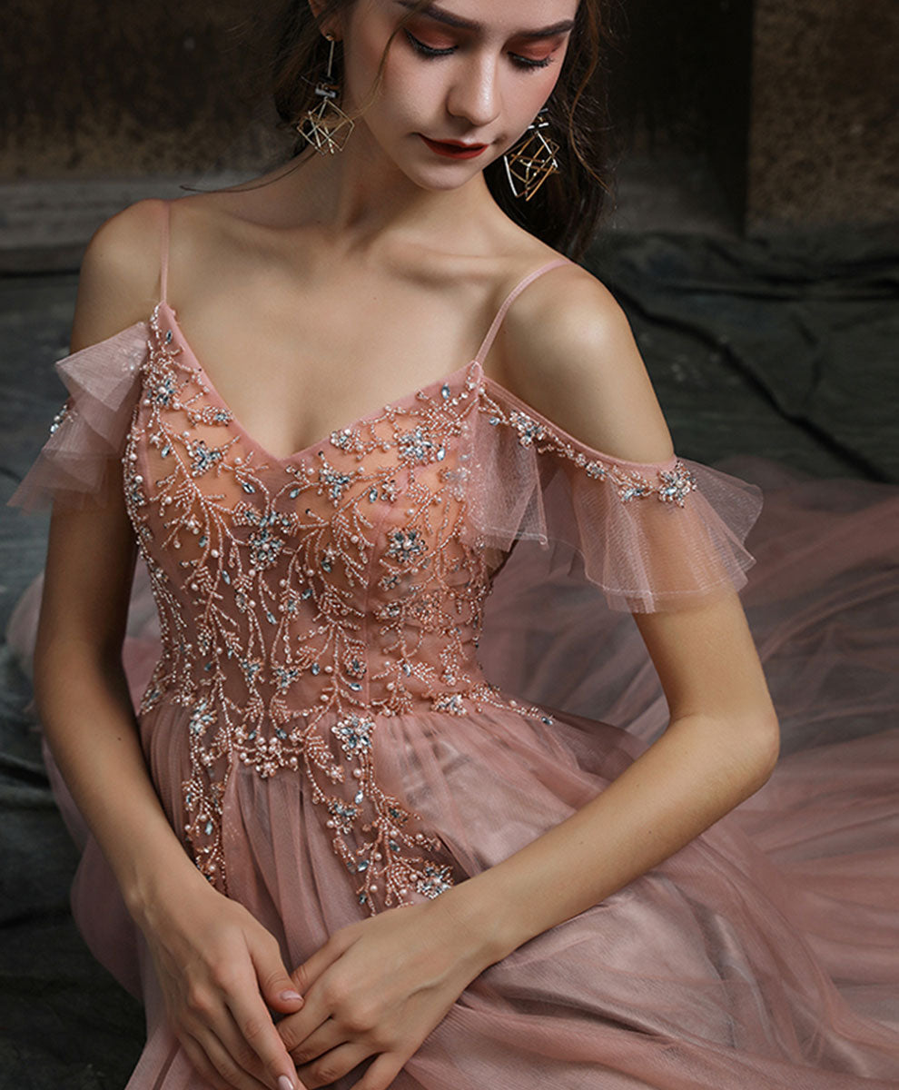 A-Line V-Neck Floor-Length Blush Tulle Beaded Prom Dress
