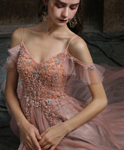 A-Line V-Neck Floor-Length Blush Tulle Beaded Prom Dress