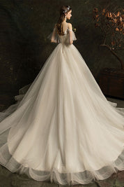 A-Line Illusion Off-the-Shoulder Floor-Length Tulle Lace Wedding Dress with Floral Appliqué