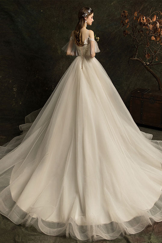 A-Line Illusion Off-the-Shoulder Floor-Length Tulle Lace Wedding Dress with Floral Appliqué