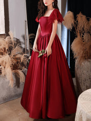 A-Line Square Neck Floor-Length Red Satin Prom Dress with Flutter Sleeves