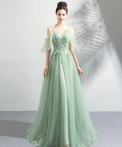 A-Line Off-the-Shoulder Spaghetti Straps Floor-Length Mint Green Tulle & Lace Prom Dress with Appliqué Bodice